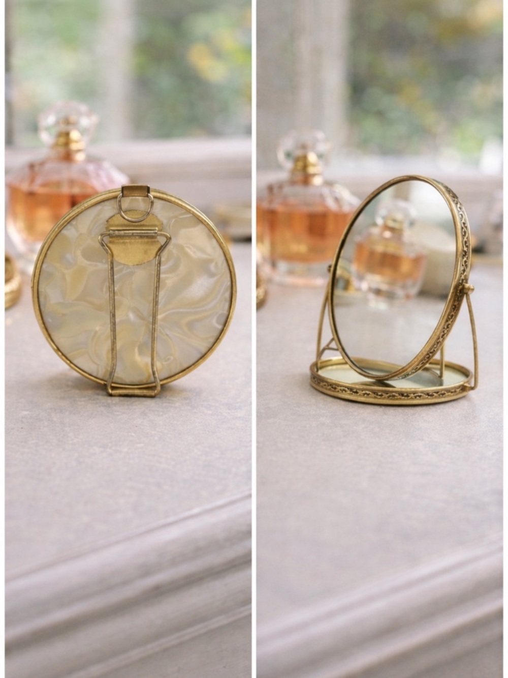 Vintage Creamy MOP Celluloid Compact Dual Mirror